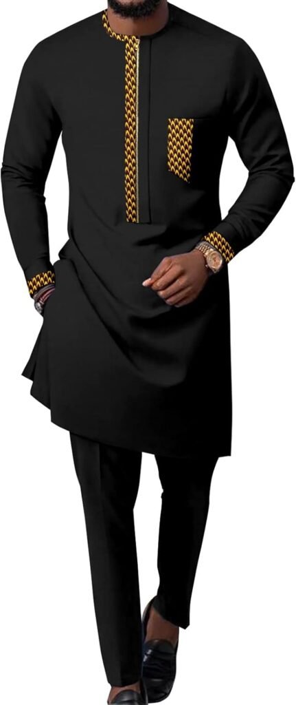 African Attire for Couple Women Print Wax Crew Neck Dress with Men Dashiki Long Vest Shirt and Pants Sets - Image 3