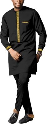 Men's African Dashiki Formal Suit Long Sleeve Shirt and Pant Two Piece Set Traditional Tribal Outfits