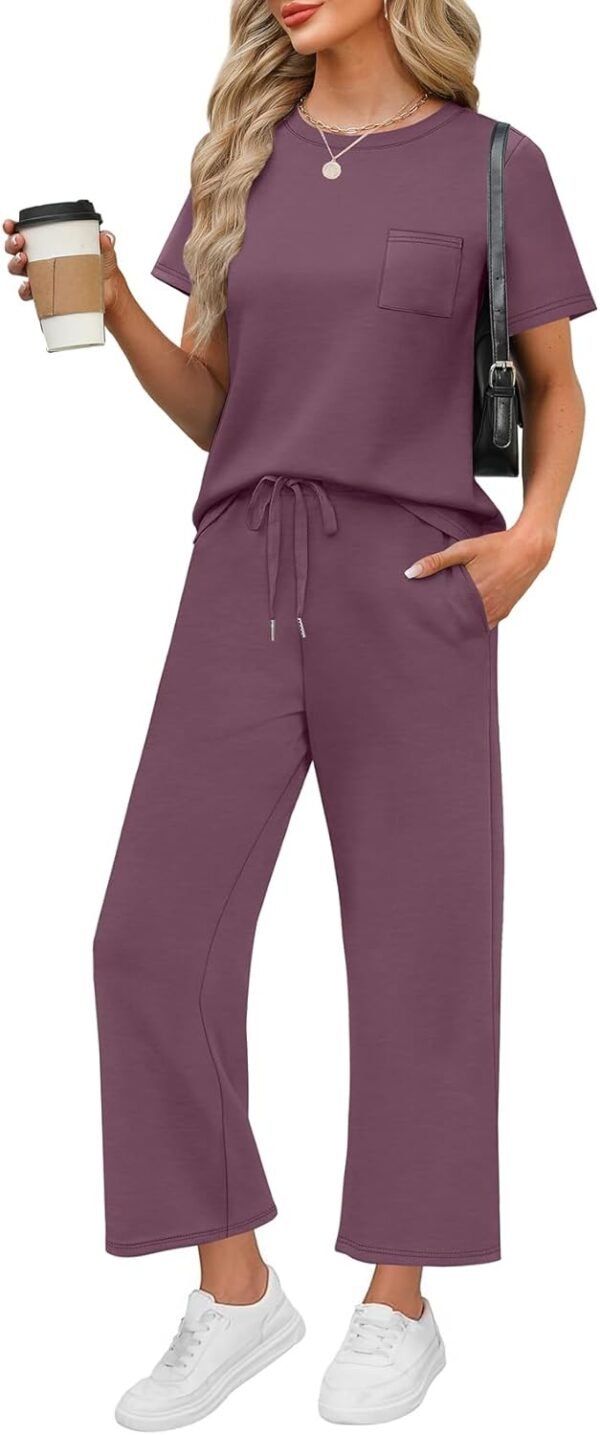 WIHOLL 2 Piece Sets for Women Casual Summer Travel Vacation Outfits Short Sleeve Wide Leg Crop Pants Lounge Sets - Image 1