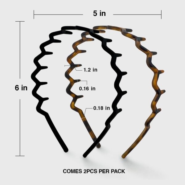 Kitsch Zig Zag Headbands, Recycled Plastic Wavy Hair Band with Teeth, Headbands for Women and Men, Classic 90s Hair Accessories, 2pcs (Black and Brown) - Image 2