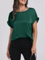 ANRABESS Women's Summer Dressy Casual Short Sleeve Shirts Crewneck Silk Satin Business Office Work Blouse Tops - Image 5