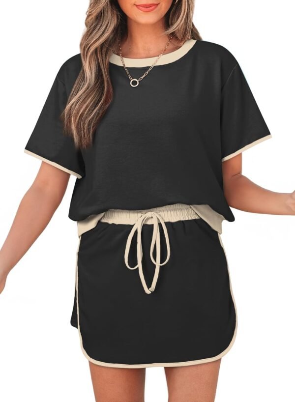 Women's 2 Piece Sets Summer Casual Short Sleeve Tops and Matching Drawstring Skort Going Out Lounge Outfits - Image 1