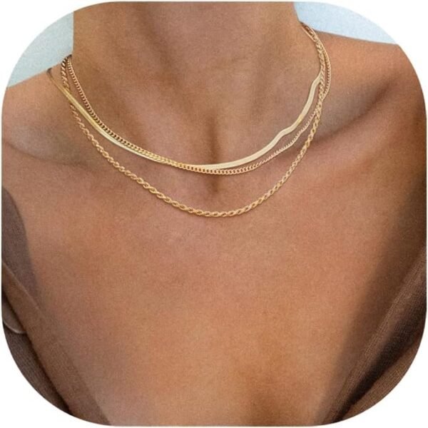 Herringbone Necklace for Women,Dainty Gold Necklace,14k Gold Plated Snake,Gold Chain Choker Necklaces,Simple Gold Layered Necklaces,Gold Jewelry Gift for Women - Image 1
