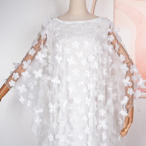 HD Afircan Women Applique Flower Dress Boat Neck Caftan Chiffon Gown One Size - Image 3
