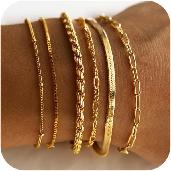 DEARMAY Gold Bracelets for Women Waterproof, 14K Real Gold Jewelry Sets Trendy Thin Dainty Stackable Cuban Link Paperclip Chain Bracelet Pack Fashion Accessories Gifts for Womens - Image 1