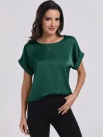 ANRABESS Women's Summer Dressy Casual Short Sleeve Shirts Crewneck Silk Satin Business Office Work Blouse Tops - Image 9