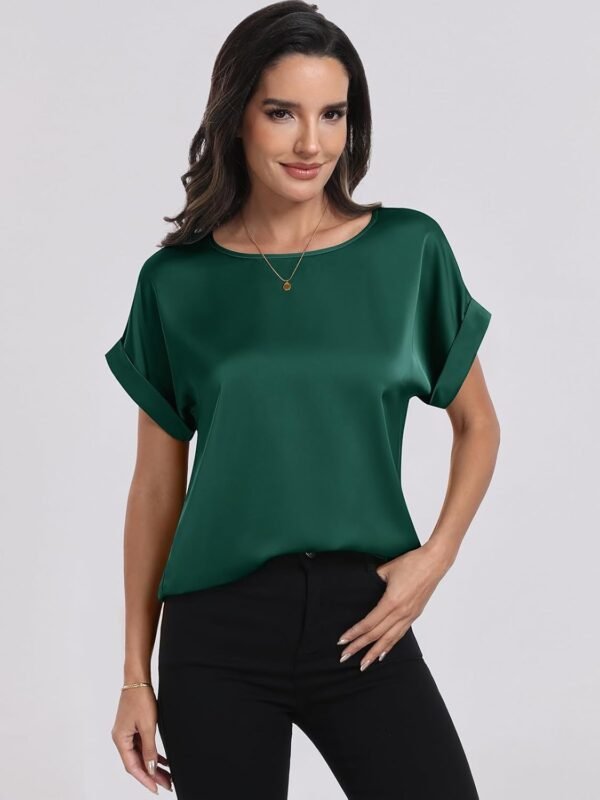 ANRABESS Women's Summer Dressy Casual Short Sleeve Shirts Crewneck Silk Satin Business Office Work Blouse Tops - Image 9