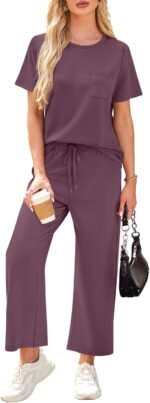 WIHOLL 2 Piece Sets for Women Casual Summer Travel Vacation Outfits Short Sleeve Wide Leg Crop Pants Lounge Sets - Image 3