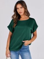 ANRABESS Women's Summer Dressy Casual Short Sleeve Shirts Crewneck Silk Satin Business Office Work Blouse Tops - Image 8