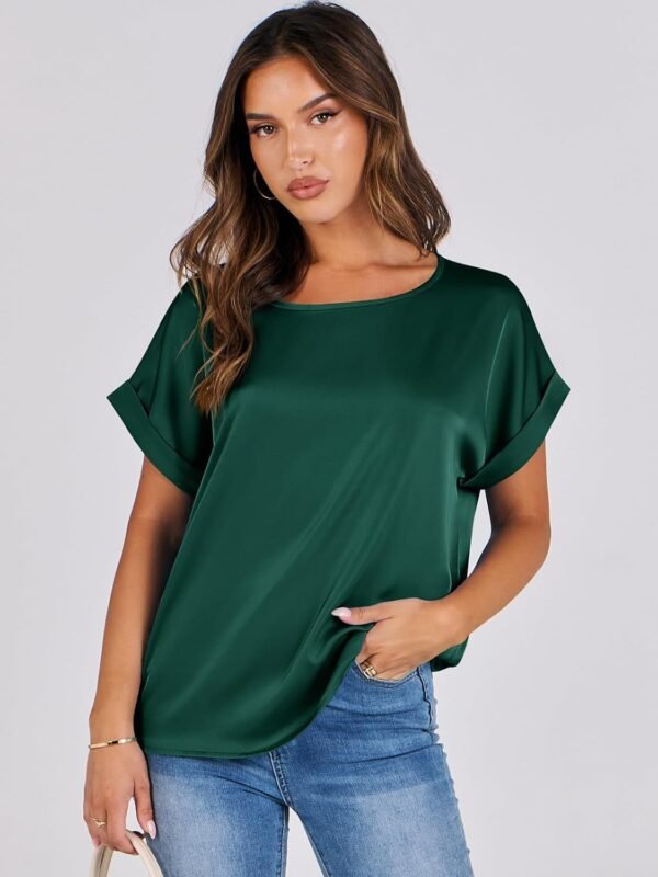 ANRABESS Women's Summer Dressy Casual Short Sleeve Shirts Crewneck Silk Satin Business Office Work Blouse Tops - Image 8