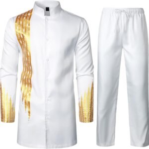 ZEROYAA Men's Traditional Suit Long Sleeve Button up African Dashiki Shirt and Pants Ethnic 2 Piece Outfit
