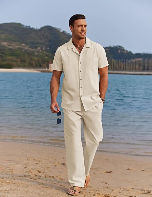 COOFANDY Men 2 Piece Linen Outfit Beach Button Down Shirt Casual Loose Pant Sets - Image 3