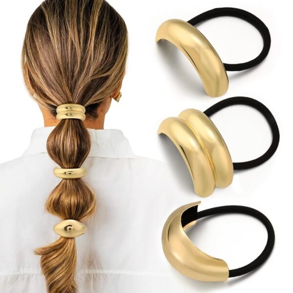 3PCS Gold Hair Ties, Metal Hair Ties for Thick Hair, Elegant Durable Geometric Design, Gold Hair Accessories Stretchy and Non-Damage Ponytail Cuff Holders, 3 Styles in Box Holiday Gifts - Image 1