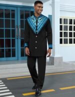 Mens African 2 Piece Set Metallic Traditional Suit Gold Stamp Printed African Dashiki Shirt and Pants Outfit - Image 2