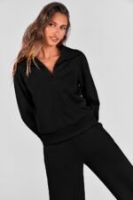 PRETTYGARDEN Women's 2 Piece Outfits Casual Lapel Half Zip Sweatshirts And Wide Leg Pants Tracksuit Sets - Image 6