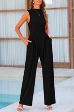 PRETTYGARDEN Womens Summer Jumpsuits Dressy Casual One Piece Outfits Sleeveless Mock Neck Wide Leg Pants Rompers with Pockets - Image 8