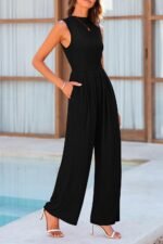 PRETTYGARDEN Womens Summer Jumpsuits Dressy Casual One Piece Outfits Sleeveless Mock Neck Wide Leg Pants Rompers with Pockets - Image 4