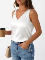 LILLUSORY Women Silk Satin Tank Top V Neck Summer Blouse Sleeveless Shirt Business Casual Dressy Outfit Vacation Clothes - Image 3