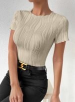 EVALESS Womens Short Sleeve Textured Tops Summer Casual Crewneck Solid Slim Fitted Basic T Shirts Tee Blouses - Image 3