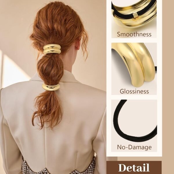 3PCS Gold Hair Ties, Metal Hair Ties for Thick Hair, Elegant Durable Geometric Design, Gold Hair Accessories Stretchy and Non-Damage Ponytail Cuff Holders, 3 Styles in Box Holiday Gifts - Image 4
