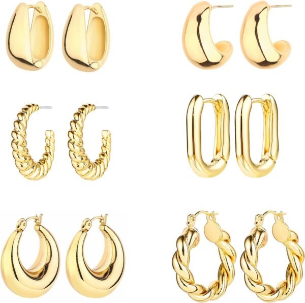 6 Pairs 14K Gold Hoop Earrings for Women Lightweight Chunky Hoop Earrings Multipack Hypoallergenic, Thick Open Twisted Huggie Hoops Earring Set Jewelry for Gifts. - Image 1