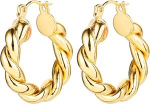 6 Pairs 14K Gold Hoop Earrings for Women Lightweight Chunky Hoop Earrings Multipack Hypoallergenic, Thick Open Twisted Huggie Hoops Earring Set Jewelry for Gifts. - Image 9