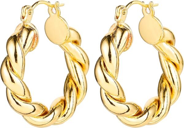 6 Pairs 14K Gold Hoop Earrings for Women Lightweight Chunky Hoop Earrings Multipack Hypoallergenic, Thick Open Twisted Huggie Hoops Earring Set Jewelry for Gifts. - Image 9