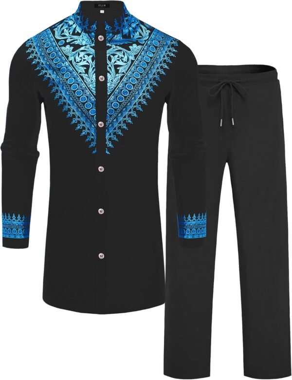 Mens African 2 Piece Set Metallic Traditional Suit Gold Stamp Printed African Dashiki Shirt and Pants Outfit - Image 1