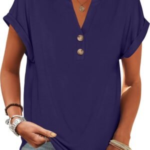 ANRABESS Womens Short Sleeve Henley Tops V Neck Dressy Casual Loose Fit Shirts Summer Flowy Blouses 2025 Trendy Clothes