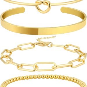 Reoxvo 14K Gold Plated Bangle Cuff Bracelets for Women Non Tarnish Gold Bracelet Stack Jewelry Set for Women Trendy