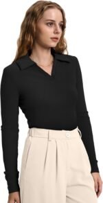 WIHOLL Womens Polo Shirts Long Sleeve Business Casual Tops Collared V Neck Ribbed Knit Sweater Slim Fit Blouses - Image 3