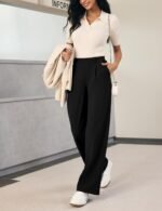 IUGA Womens Dress Pants Wide Leg Pull On Stretchy Work Pants Women High Waisted Business Casual Trousers with Pockets - Image 5