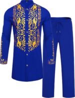 Mens African 2 Piece Sets Dashiki Metallic Traditional Suit Gold Stamp Printed Shirt and Pants Outfit