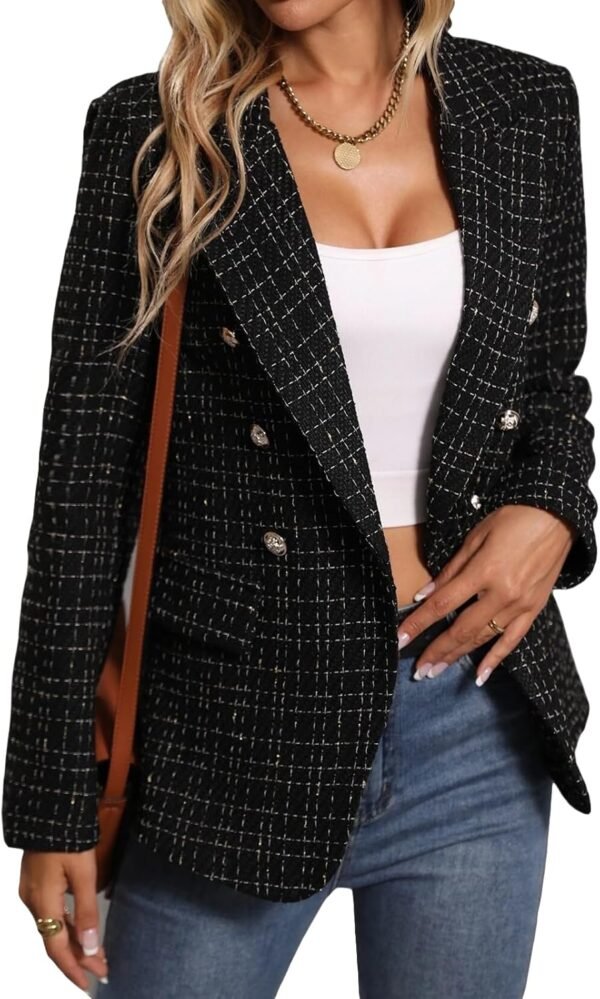 2025 Fall Winter Women's Tweed Blazer Jacket-Plaid Fully Lined Fashion Business Casual Lapel Elegant Coat Pockets - Image 1