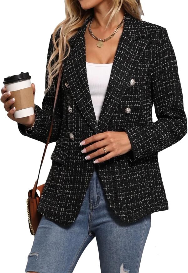 2025 Fall Winter Women's Tweed Blazer Jacket-Plaid Fully Lined Fashion Business Casual Lapel Elegant Coat Pockets - Image 2