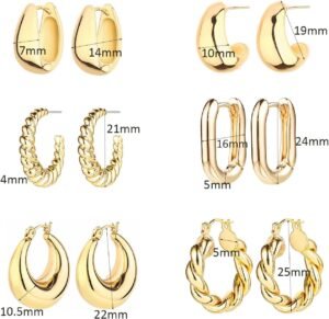 6 Pairs 14K Gold Hoop Earrings for Women Lightweight Chunky Hoop Earrings Multipack Hypoallergenic, Thick Open Twisted Huggie Hoops Earring Set Jewelry for Gifts. - Image 6