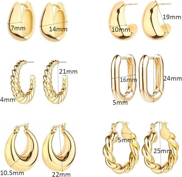 6 Pairs 14K Gold Hoop Earrings for Women Lightweight Chunky Hoop Earrings Multipack Hypoallergenic, Thick Open Twisted Huggie Hoops Earring Set Jewelry for Gifts. - Image 6