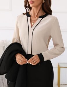 Fayenne Womens Tops Dressy Casual V Neck Color Block Business Casual Blouses Long Sleeve Work Shirts Fall Trendy Clothes - Image 3