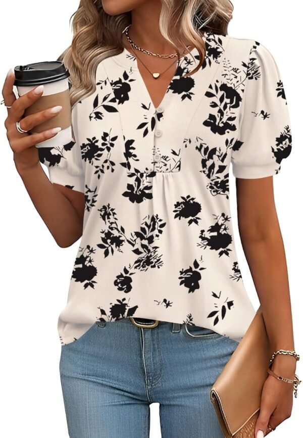 IECCP Womens Tops Puff Short Sleeve Shirts Dressy Casual Henley V-Neck Summer Tops Pleated T-Shirts Loose Fit Tunic Blouses - Image 1