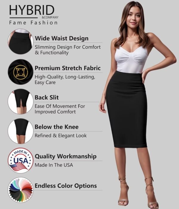Hybrid & Company Women's Premium Nylon Ponte Stretch High Waist Pencil Suit Skirt Below Knee - Image 2