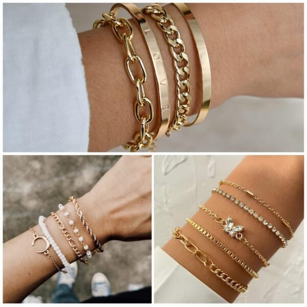 IFKM 36 PC Gold Plated Jewelry Set with 4 Necklace, 11 Bracelet, 7 Ear Cuffs Earring, 14 Knuckle Rings for Women Girls Valentine Anniversary Birthday Friendship Gift - Image 3