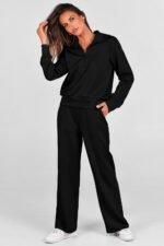 PRETTYGARDEN Women's 2 Piece Outfits Casual Lapel Half Zip Sweatshirts And Wide Leg Pants Tracksuit Sets - Image 4