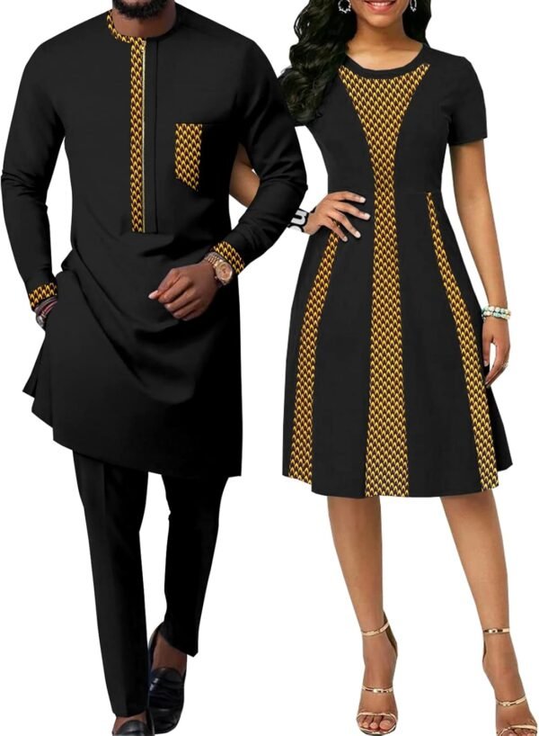 African Attire for Couple Women Print Wax Crew Neck Dress with Men Dashiki Long Vest Shirt and Pants Sets - Image 1