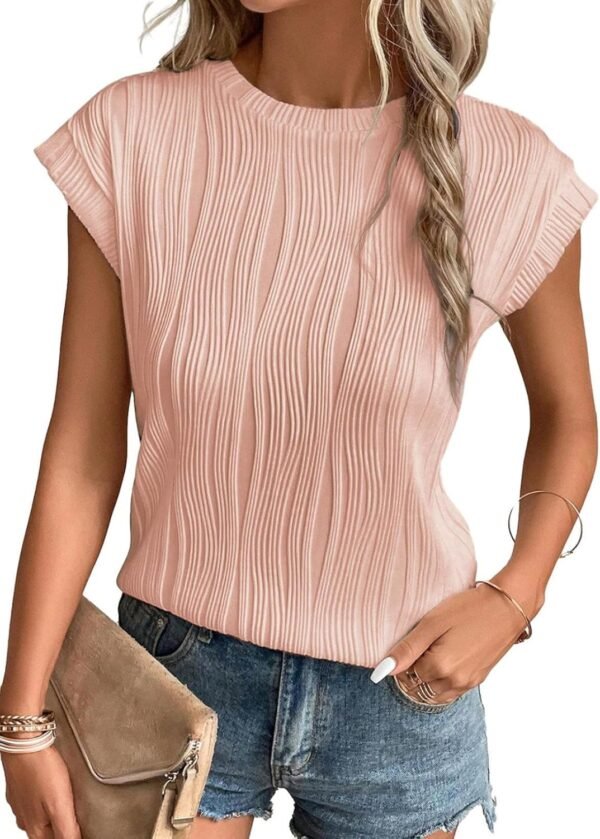 EVALESS Womens Short Sleeve Textured Tops Crewneck Knit Solid Loose Casual Basic T Shirts Tee Blouses - Image 1