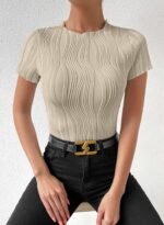 EVALESS Womens Short Sleeve Textured Tops Summer Casual Crewneck Solid Slim Fitted Basic T Shirts Tee Blouses - Image 2