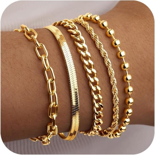 Gold Bracelets for Women,Dainty Bracelets Set for Women Trendy, Gold Bracelets Stack With Beaded, Cuban, Paperclip, Heart, Snake, Rope, Pearl, Cross, Hand Chain, Silver Jewelry Gifts for Women - Image 1