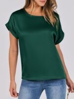 ANRABESS Women's Summer Dressy Casual Short Sleeve Shirts Crewneck Silk Satin Business Office Work Blouse Tops - Image 3