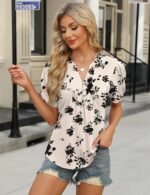 IECCP Womens Tops Puff Short Sleeve Shirts Dressy Casual Henley V-Neck Summer Tops Pleated T-Shirts Loose Fit Tunic Blouses - Image 2