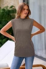 Arach&Cloz Women 2025 Wool Blended Mock Neck Sleeveless Sweater Vest Summer Business Office Knit Spring Trendy Tops - Image 3