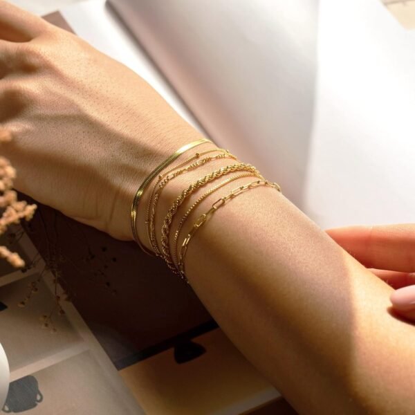 DEARMAY Gold Bracelets for Women Waterproof, 14K Real Gold Jewelry Sets Trendy Thin Dainty Stackable Cuban Link Paperclip Chain Bracelet Pack Fashion Accessories Gifts for Womens - Image 2